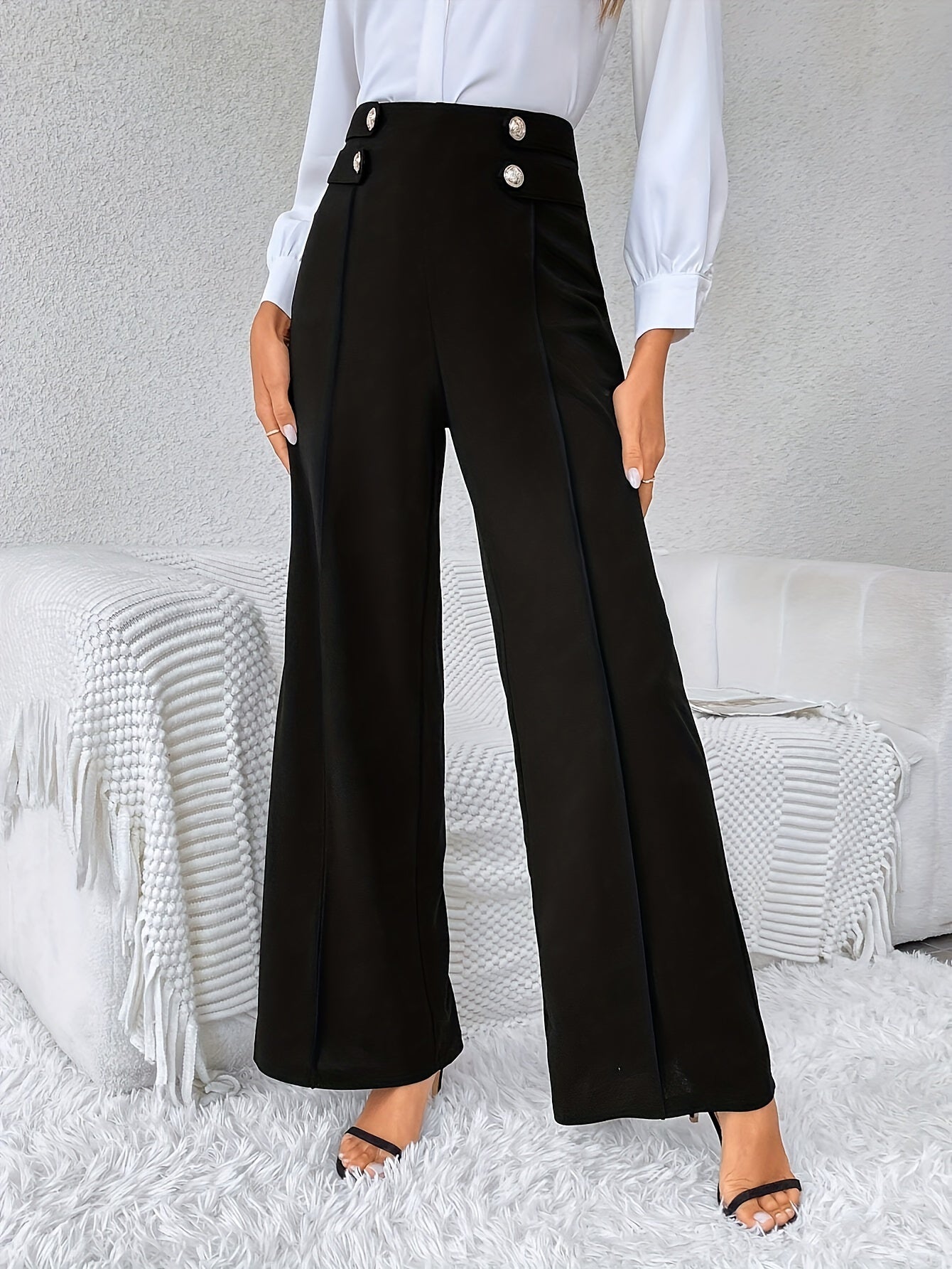 Women's Fashion Wide-Leg Trousers, Double-Button Design, Elegant Long Pants, Solid Color, Polyester, Regular Fit, All-Season, Adult Size, Woven Fabric