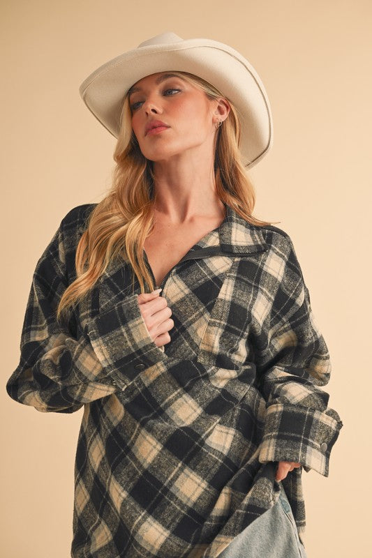 Aemi + Co Slit Plaid Half Zip Drop Shoulder Top - MyEmpired