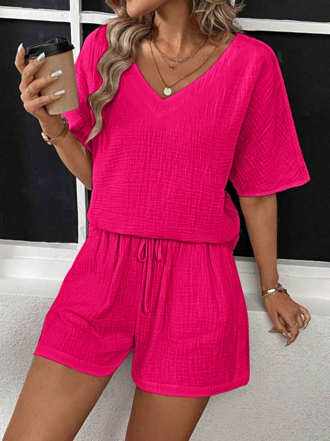 V-Neck Half Sleeve Top and Shorts Set - MyEmpired