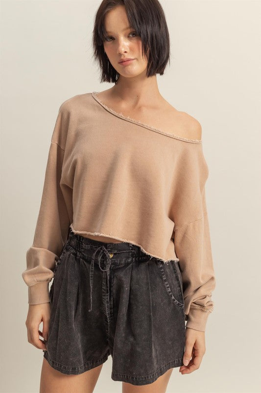 HYFVE Frayed Detail Boat Neck Long Sleeve Crop Top - MyEmpired