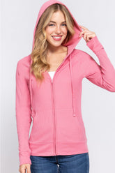ACTIVE BASIC Waffle Knit Drawstring Zip Up Long Sleeve Hoodie - MyEmpired