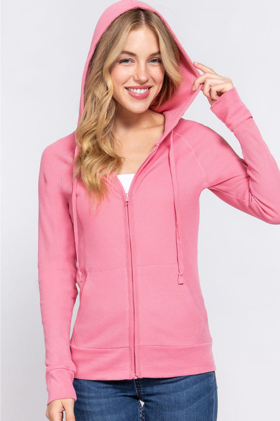 ACTIVE BASIC Waffle Knit Drawstring Zip Up Long Sleeve Hoodie - MyEmpired