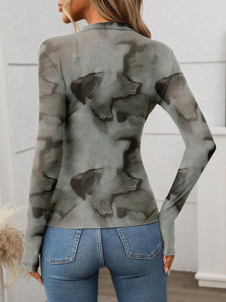 Printed Mock Neck Long Sleeve Mesh T-Shirt - MyEmpired