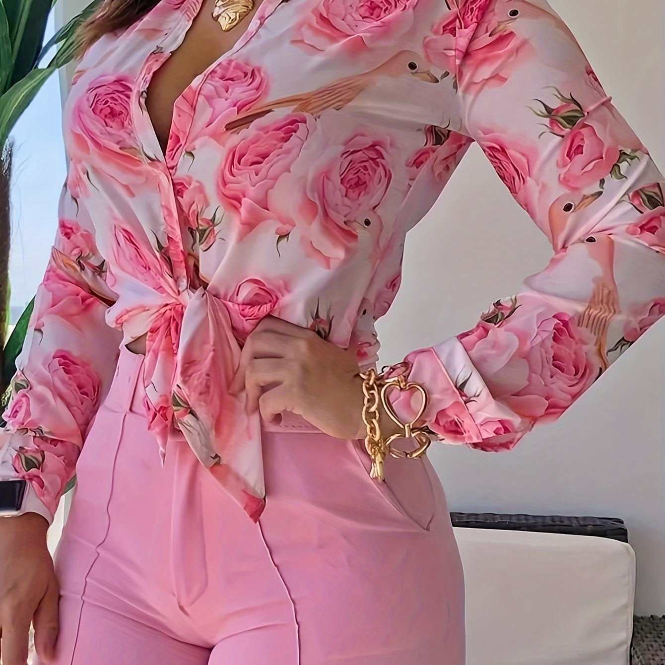 Rose Print Button Front Blouse, Elegant Long Sleeve Knot Hem Crop Blouse For Spring & Fall, Women&