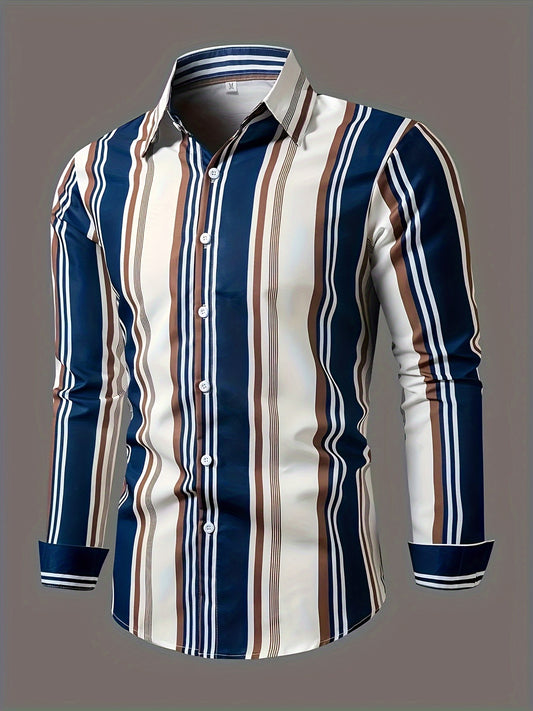 Men's Striped Shirt, Casual Lapel Button Up Long Sleeve Shirt For Spring Fall Outdoor Activities Party Gift