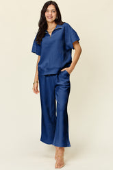 Double Take Full Size Texture Half Zip Short Sleeve Top and Pants Set - MyEmpired