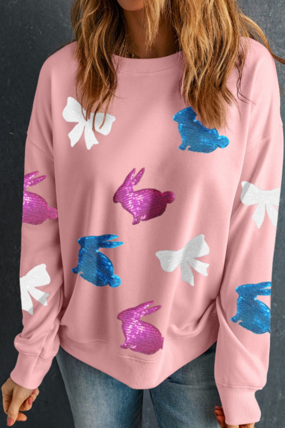Easter Bunny Bow Knot Sequined Sweatshirt - MyEmpired