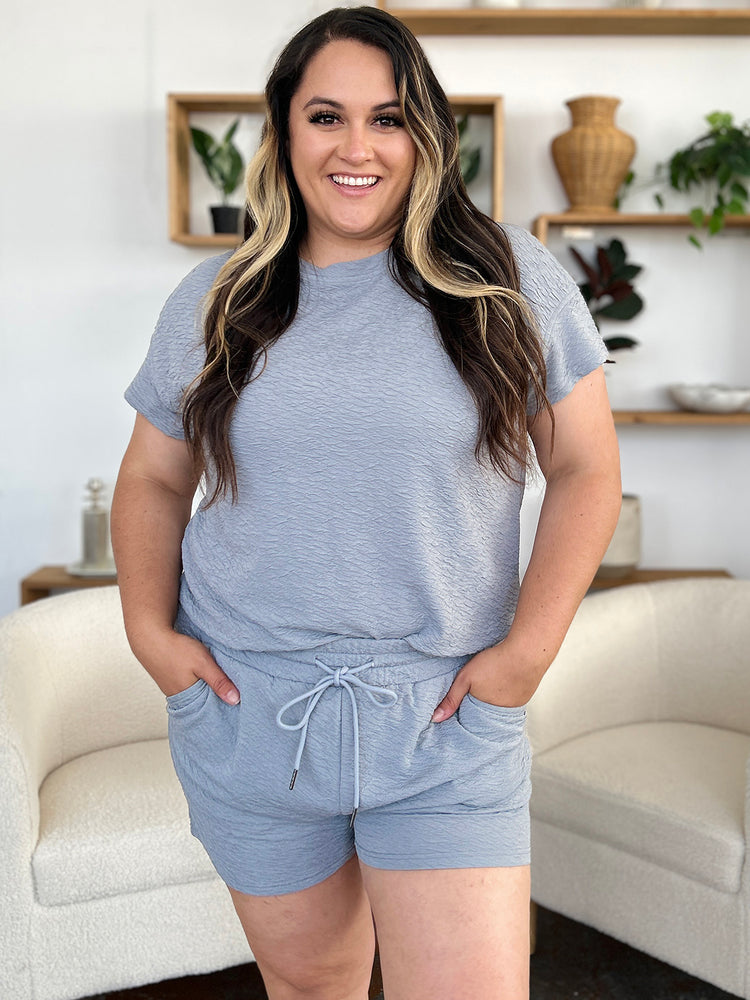 Double Take Full Size Texture Short Sleeve T-Shirt and Drawstring Shorts Set - MyEmpired