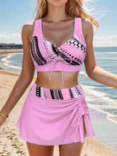 Polka Dot Print 3 Piece Set Tankini, V Neck Drawstring Front High Cut With Cover Up Skirt Swimsuits, Women&