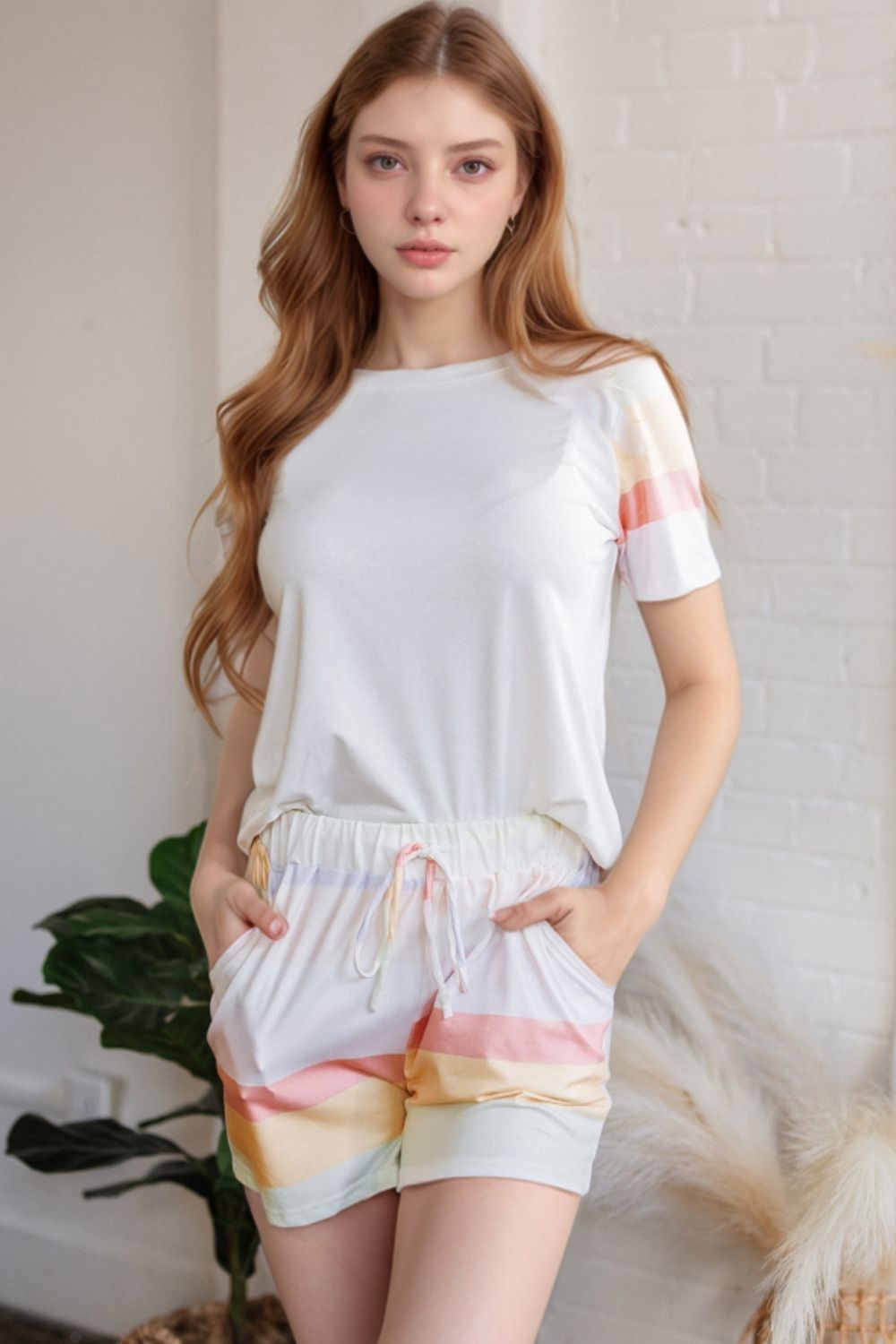 Rainbow Striped Round Neck T Shirt and Shorts Lounge Set - MyEmpired