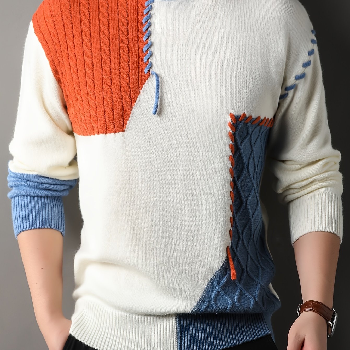 1pc Men'S Korean Style Crew Neck Sweater, Casual Striped Pattern, Rib-Knit, Slight Stretch, Loose Fit, Acrylic Knit Fabric, Thick Warm Patchwork Pullover for Fall/Winter - Fashionable Color Block Base Layer Top [12422]