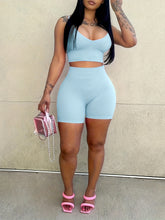 Sexy Slim Fit Solid Color Shorts Set, Plunging Crop Cami Top & High Waist Biker Shorts, Women&