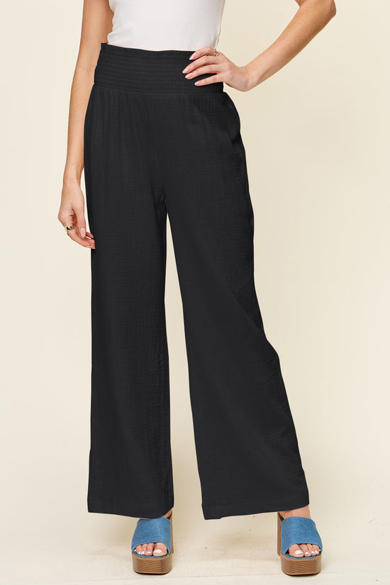 Double Take Full Size Texture Smocked Waist Wide Leg Pants - MyEmpired