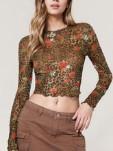 Leopard Floral Round Neck Long Sleeve Mesh T-Shirt - MyEmpired