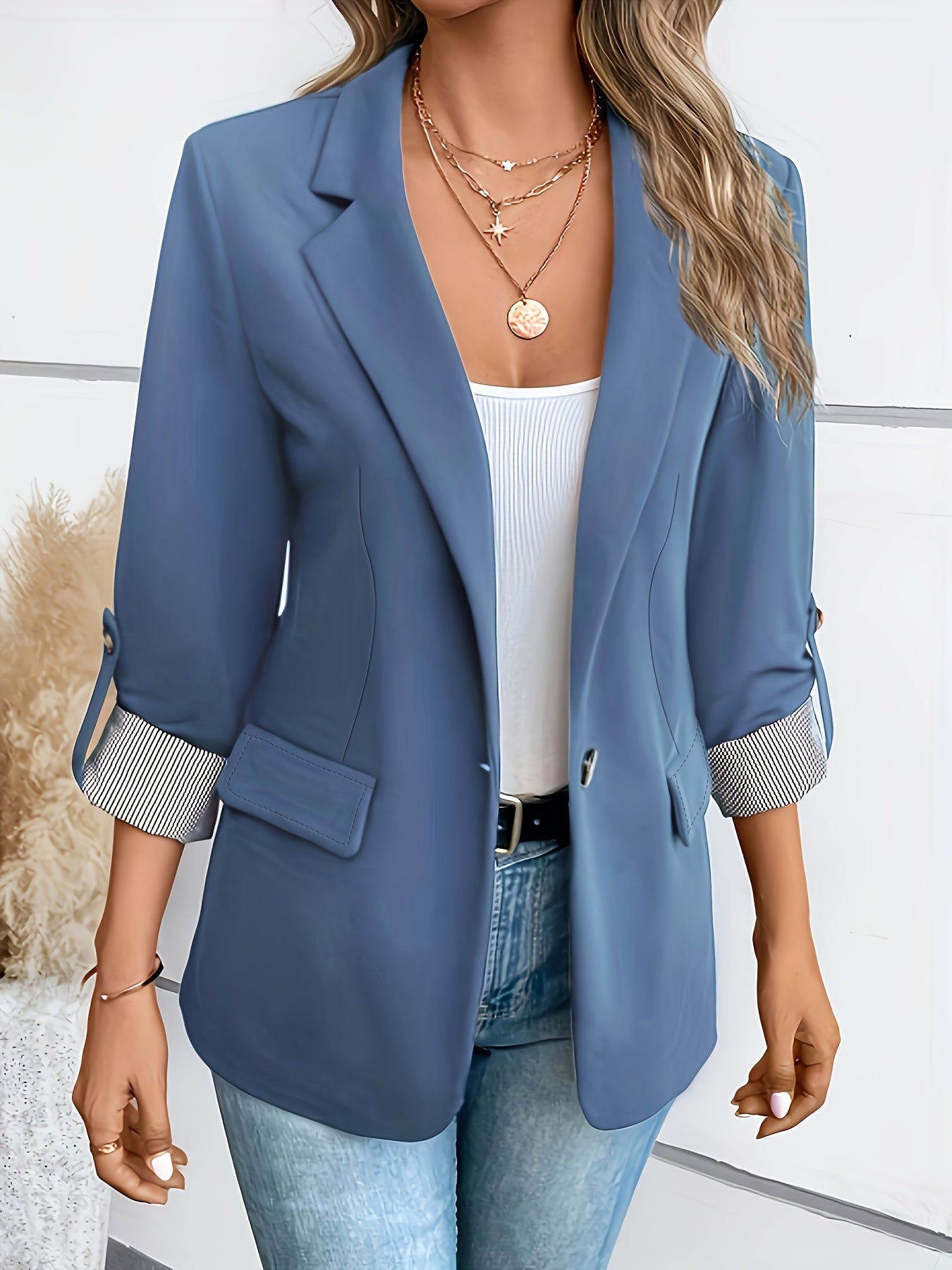 Notched Collar Button Front Blazer, Elegant Long Sleeve Blazer For Office & Work, Women's Clothing