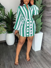 Striped Print Lantern Sleeve Dress, Casual Tie-waist Notch Neck Dress, Women&
