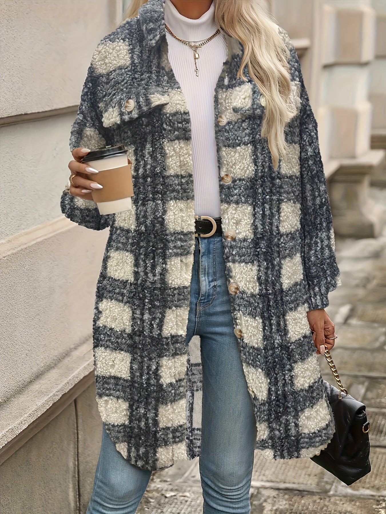 Plaid Pattern Button Front Fuzzy Jacket, Casual Thermal Long Sleeve Long Length Collar Coat For Fall & Winter, Women's Clothing