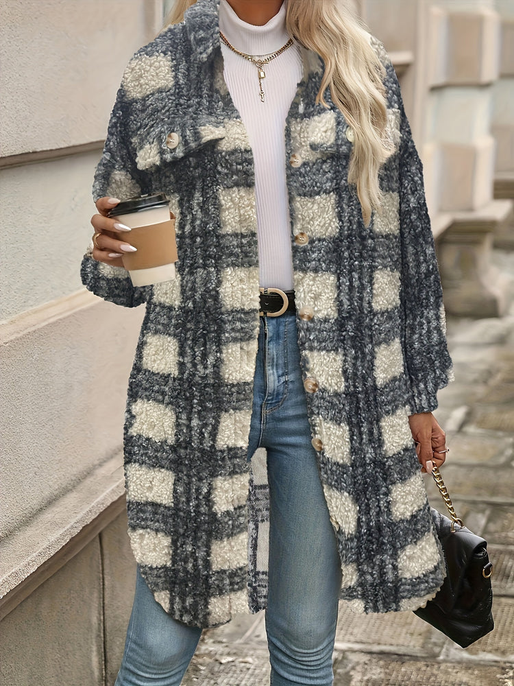 Plaid Pattern Button Front Fuzzy Jacket, Casual Thermal Long Sleeve Long Length Collar Coat For Fall & Winter, Women&