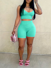 Sexy Slim Fit Solid Color Shorts Set, Plunging Crop Cami Top & High Waist Biker Shorts, Women&