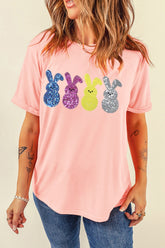 Sequin Bunny Round Neck Short Sleeve T-Shirt - MyEmpired