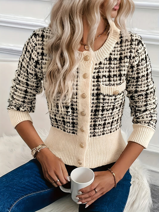 Women's Elegant Viscose Knit Cardigan, 2024 Spring/Autumn Houndstooth Pattern, Round Neck, Button Front, Fashion Sweater Open Cardigan for Ladies