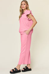 Double Take Texture Ruffle Short Sleeve Top and Drawstring Wide Leg Pants Set - MyEmpired