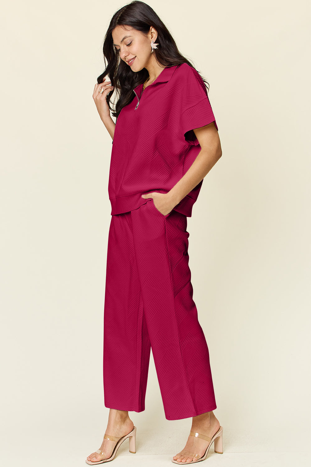 Double Take Full Size Texture Half Zip Short Sleeve Top and Pants Set - MyEmpired
