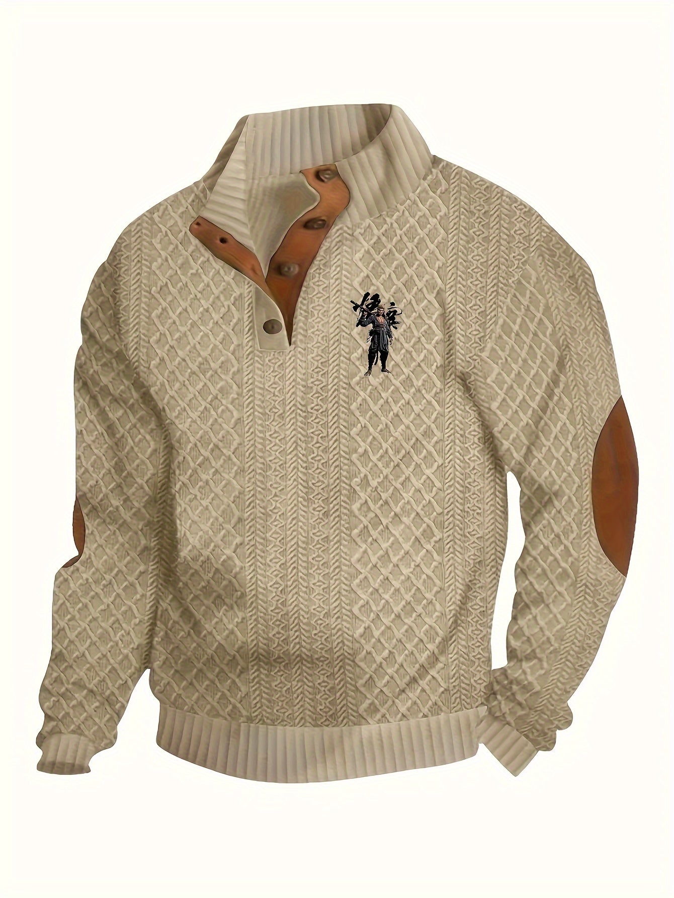 Men's Cozy Fleece-Lined Knit Sweater - Casual Stand Collar, Long Sleeve Pullover with Unique Monkey King Design for Fall/Winter