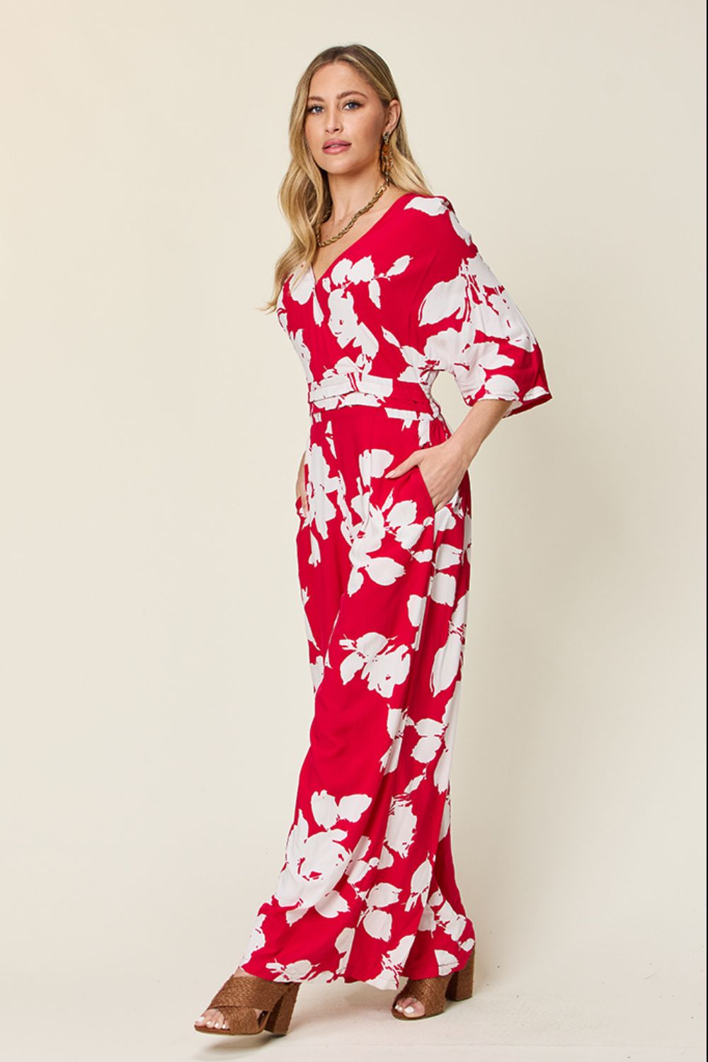 Double Take Full Size Printed Tie Back Wide Leg Jumpsuit - MyEmpired