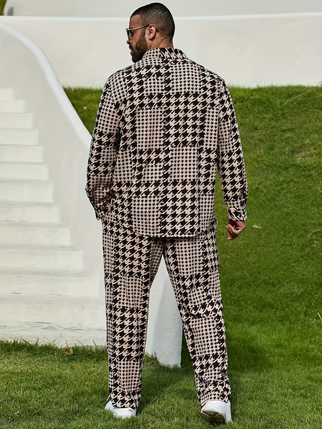 Men's Casual Houndstooth Print Outfit - Polyester, Machine Washable, Non-Stretch Fabric with Lapel Collar Shirt & Pants Set