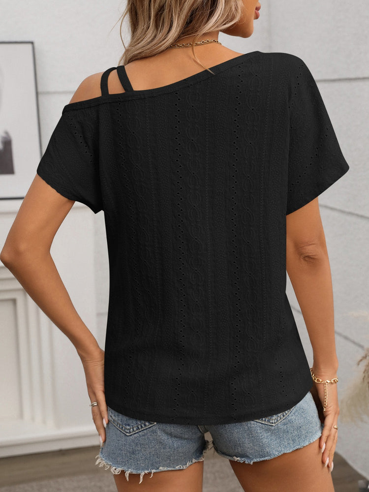 Eyelet Asymmetrical Shoulder Short Sleeve T-Shirt - MyEmpired