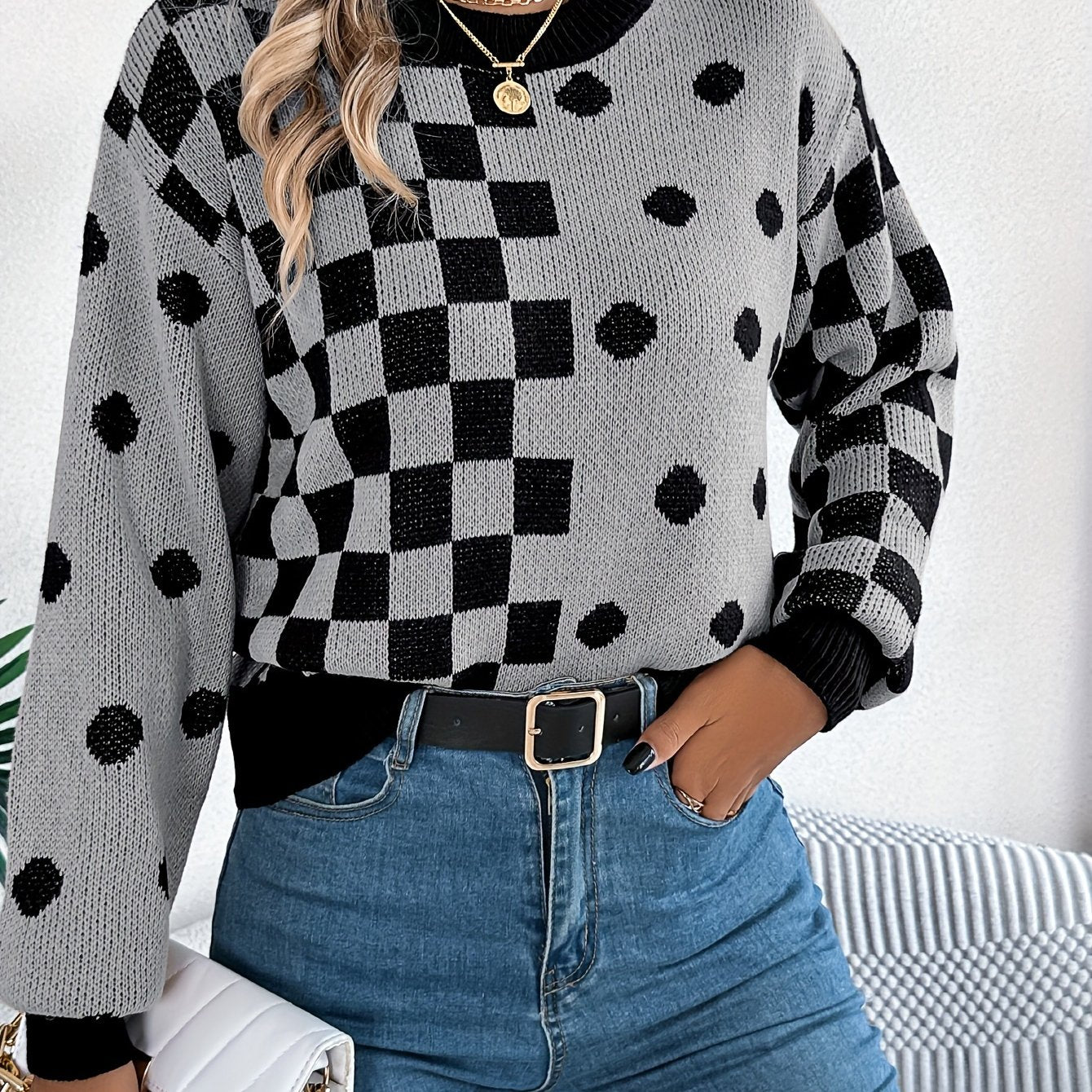 Plaid & Dot Pattern Crew Neck Sweater, Versatile Contrast Trim Lantern Sleeve Sweater For Fall & Winter, Women's Clothing