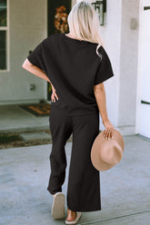 Double Take Full Size Texture Short Sleeve Top and Pants Set - MyEmpired