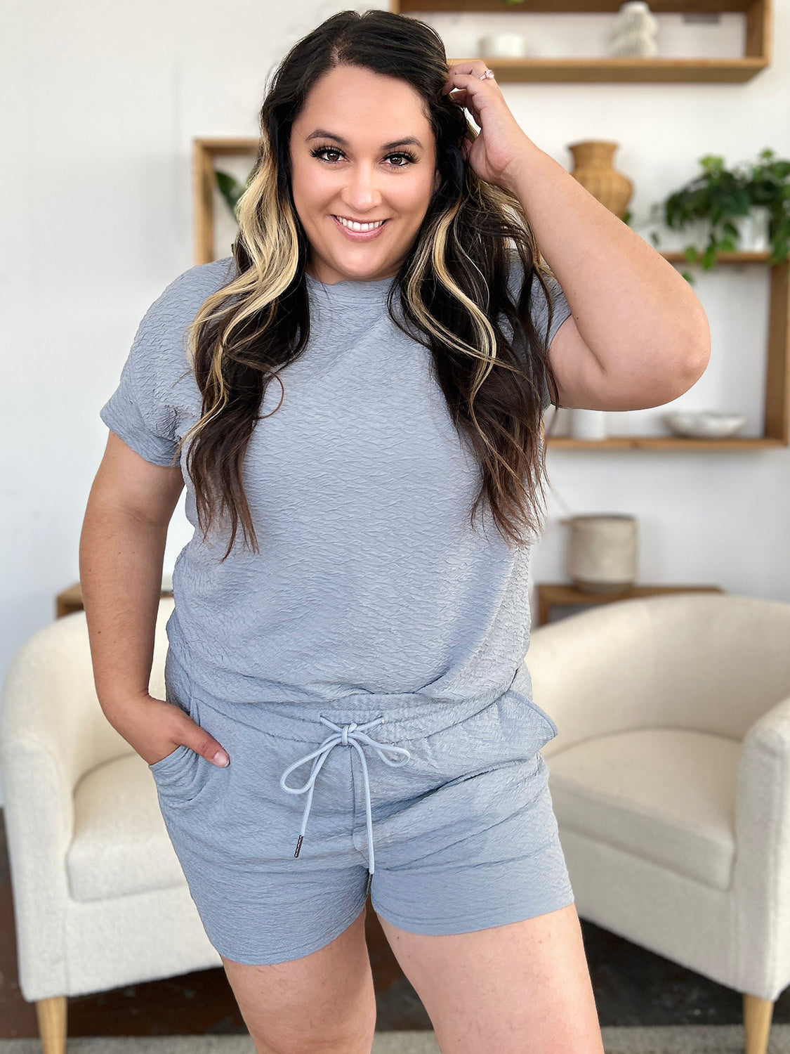 Double Take Full Size Texture Short Sleeve T-Shirt and Drawstring Shorts Set - MyEmpired