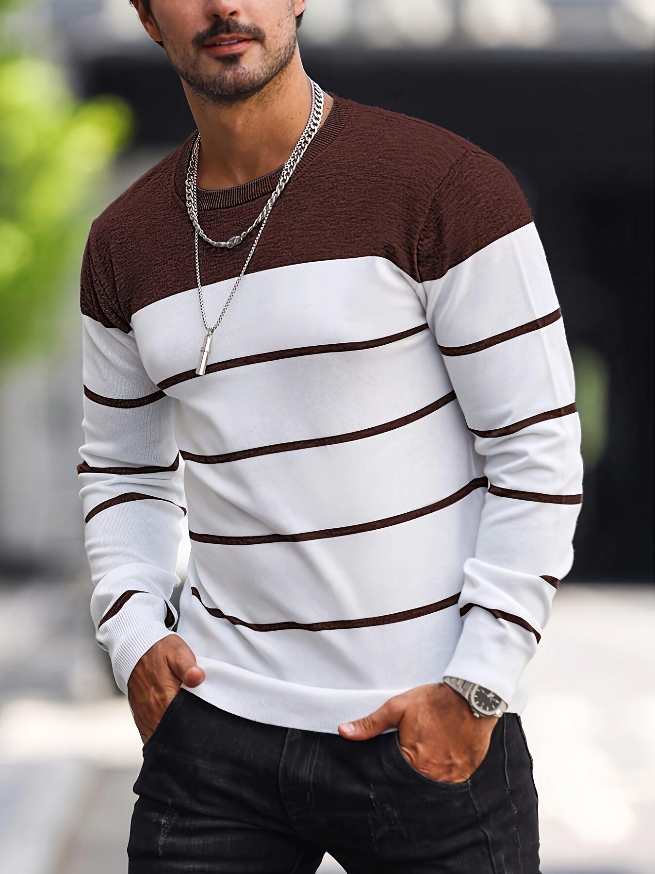 Men's Striped Knitted Pullover, Casual Long Sleeve Crew Neck Sweater For Fall Spring