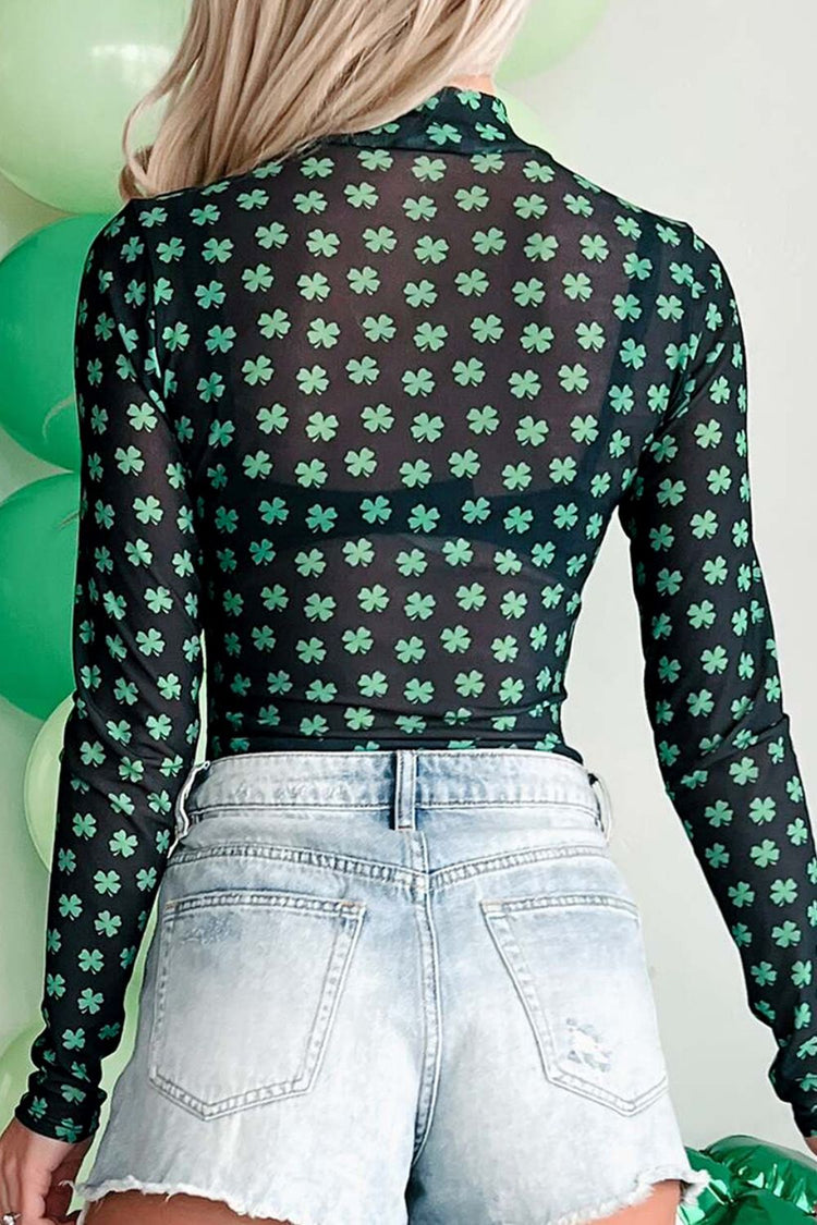 Lucky Clover Mock Neck Long Sleeve Bodysuit - MyEmpired