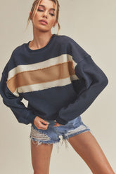 Aemi + Co Raw Hem Contrast Striped Dolman Sleeve Sweatshirt - MyEmpired