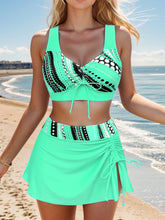 Polka Dot Print 3 Piece Set Tankini, V Neck Drawstring Front High Cut With Cover Up Skirt Swimsuits, Women&