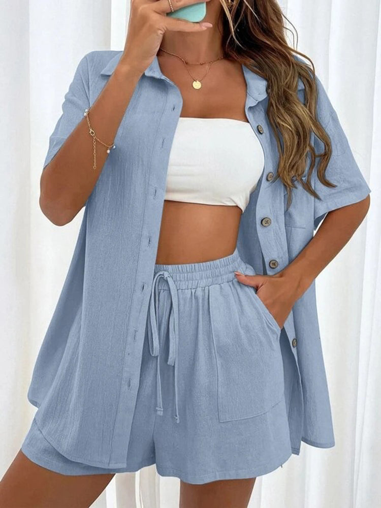 Button Up Shirt and Drawstring Shorts Set - MyEmpired