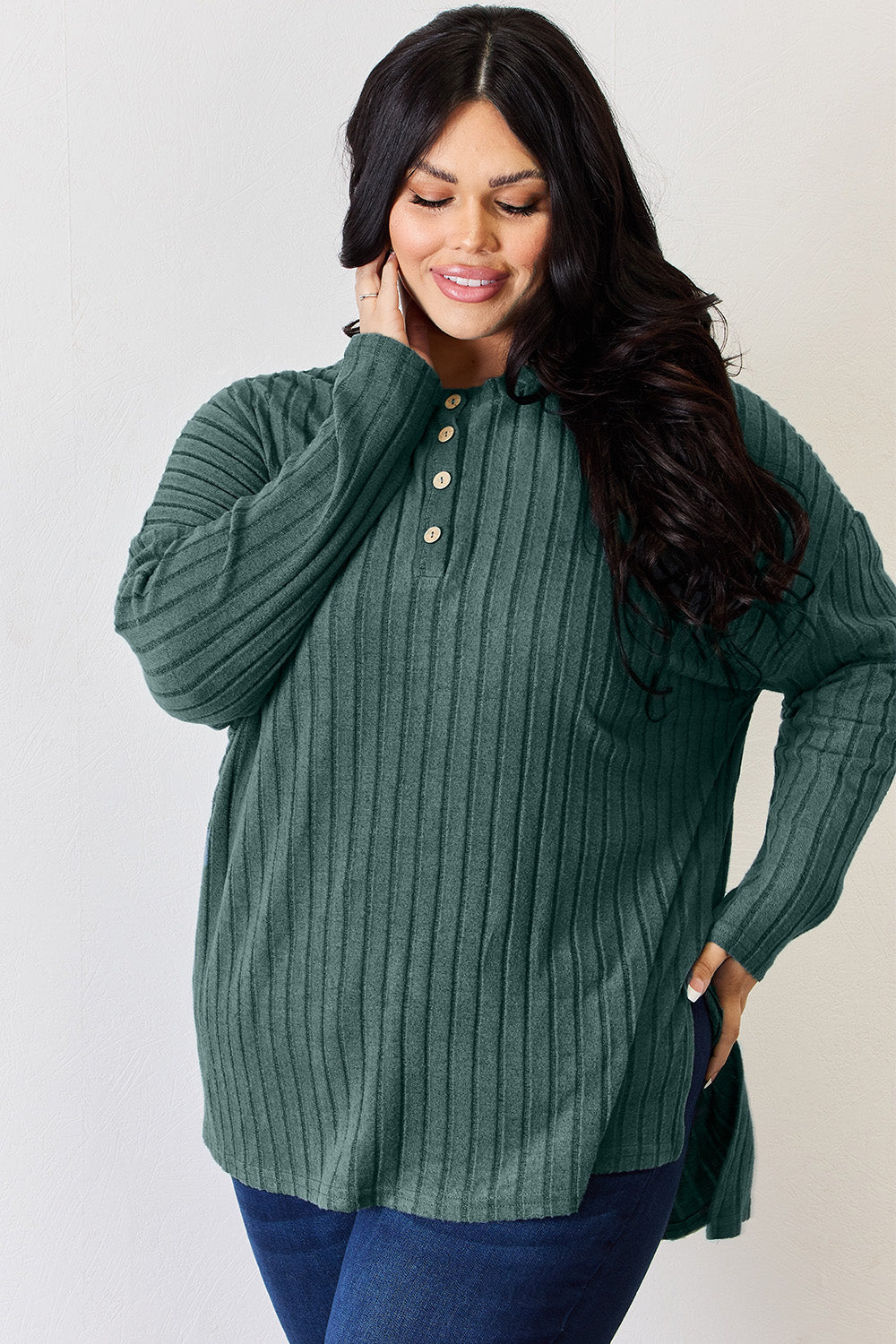 Basic Bae Full Size Ribbed Half Button Long Sleeve High-Low T-Shirt - MyEmpired
