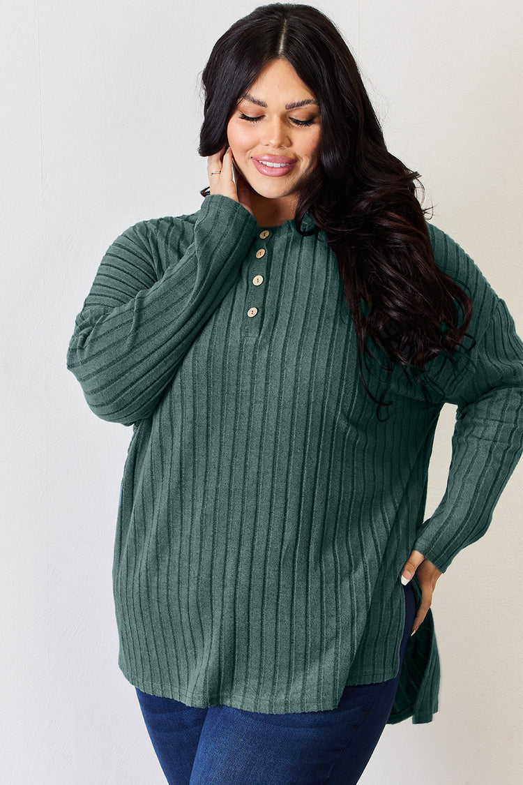 Basic Bae Full Size Ribbed Half Button Long Sleeve High-Low T-Shirt - MyEmpired
