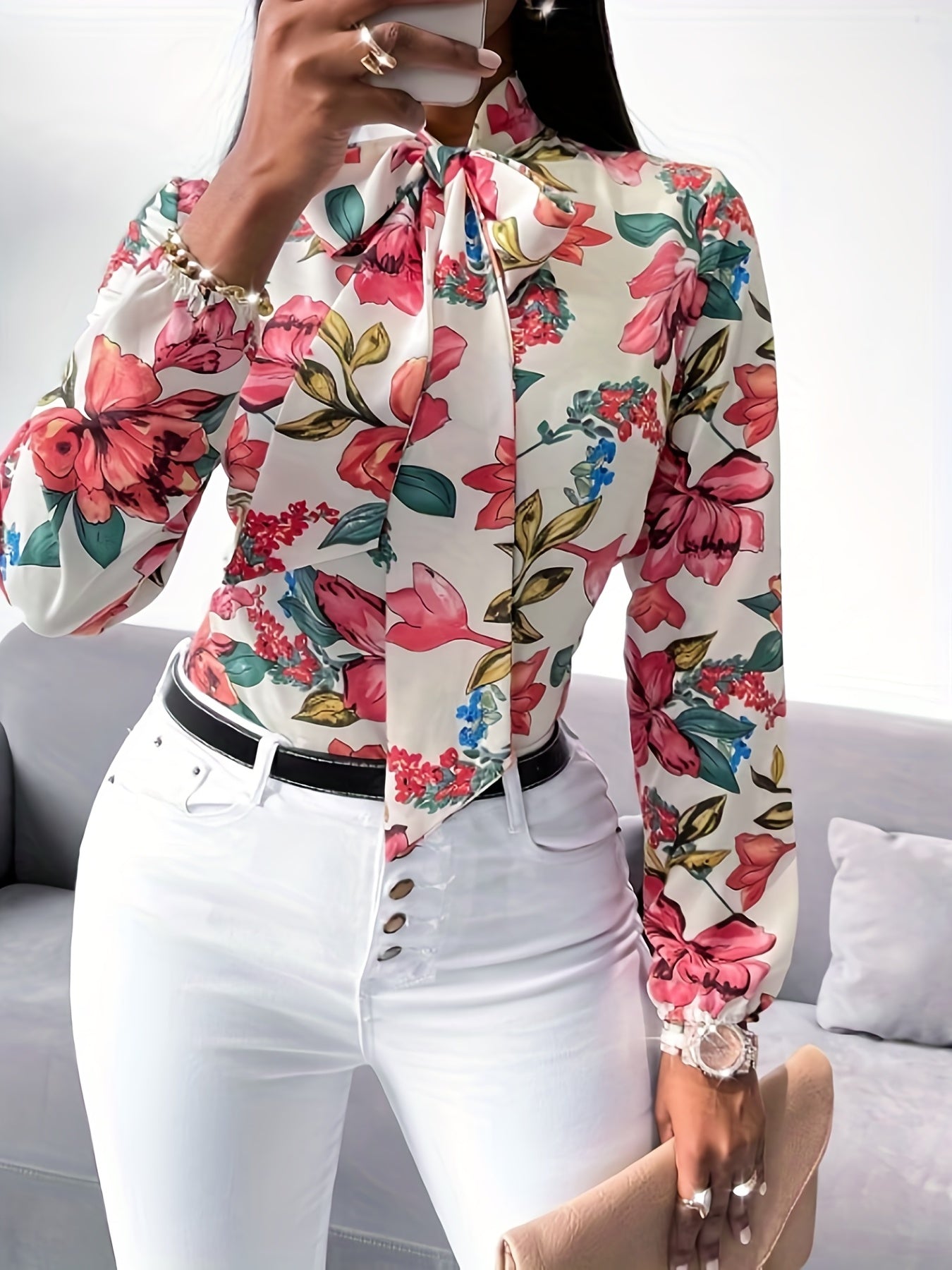 Floral Print Tie Neck Blouse