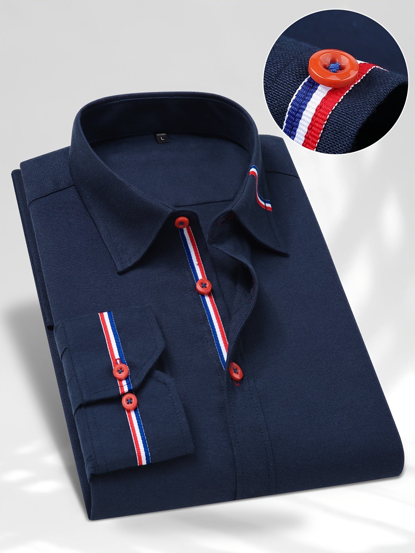 Men's Contrast Striped Design Lapel Collar Design Dress Shirts, Long Sleeve Casual Button Up Shirt For Formal Occasions