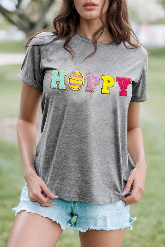 HOPPY Chenille Patch Round Neck Short Sleeve T-Shirt - MyEmpired