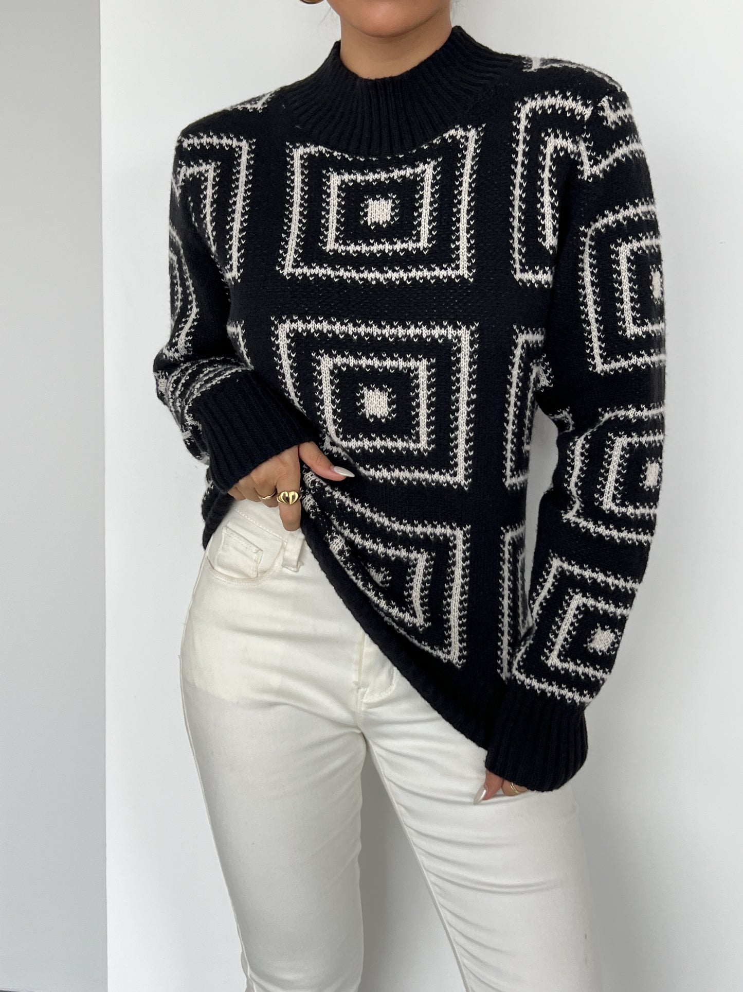 Geometric Pattern Mock Neck Sweater, Elegant Long Sleeve Sweater For Fall & Winter, Women's Clothing