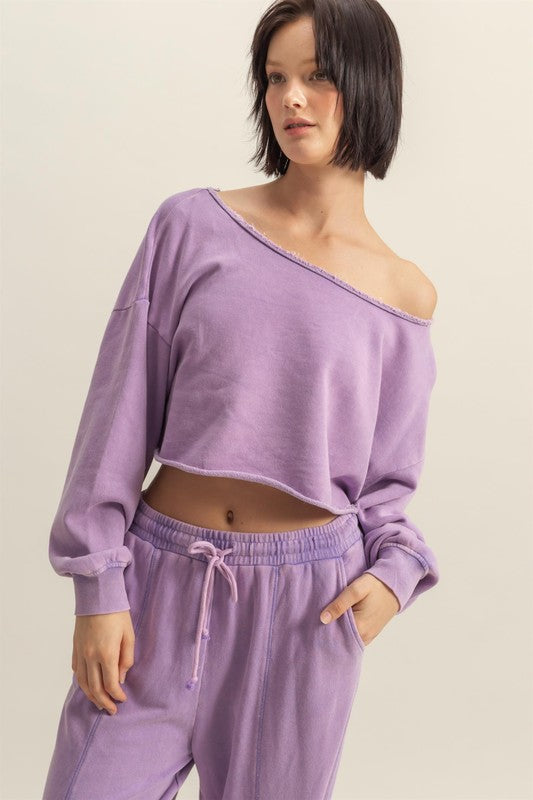 HYFVE Frayed Detail Boat Neck Long Sleeve Crop Top - MyEmpired