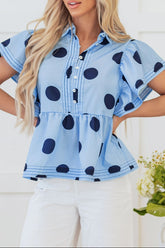 Polka Dot Print Ruffled Short Sleeve Buttoned Collared Blouse - MyEmpired
