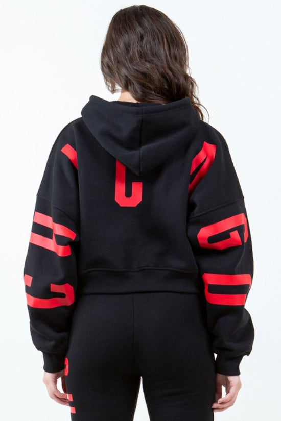 American Bazi Letter Graphic Long Sleeve Drawstring Cropped Hoodie - MyEmpired