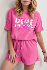 Waffle Sequin Floral MAMA Bow Graphic Top and Shorts Set - MyEmpired