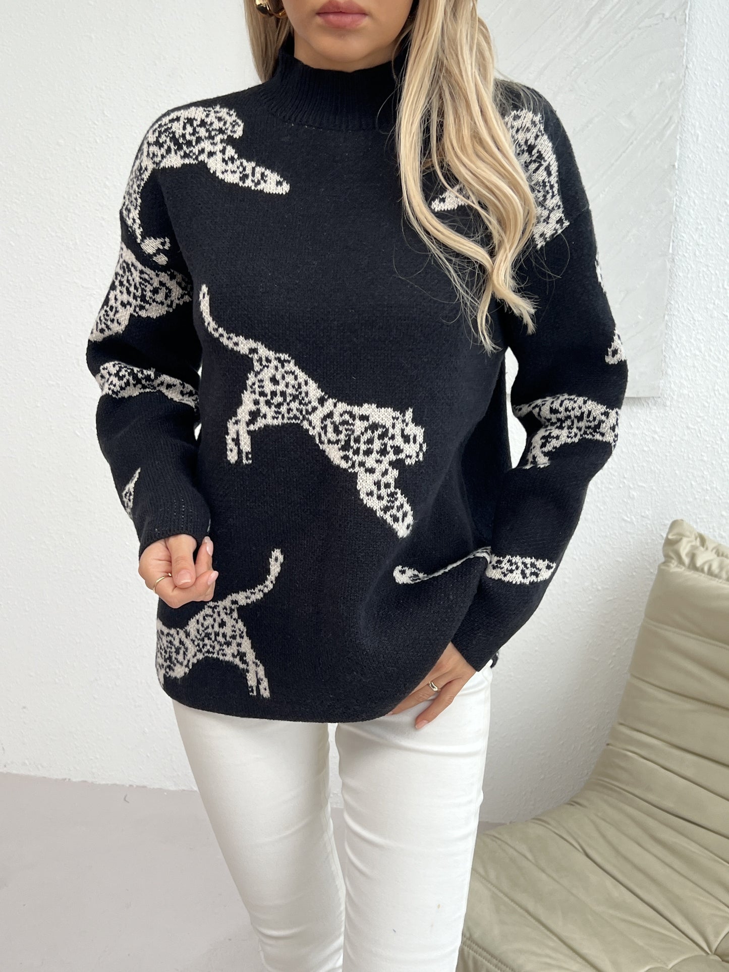 Leopard Pattern Mock Neck Sweater, Elegant Long Sleeve Sweater For Fall & Winter, Women's Clothing